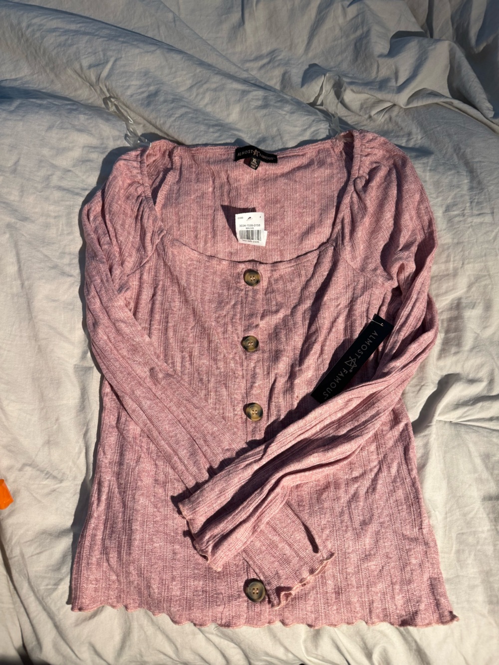 Almost Famous Rose Pink Ribbed Button-Front Long Sleeve Top